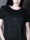 Steeped in romantic melancholy, a model styled in Whimsigoth inspired clothing showcases a sleek, form-fitting black top that captures the timeless spirit of gothic horror.
