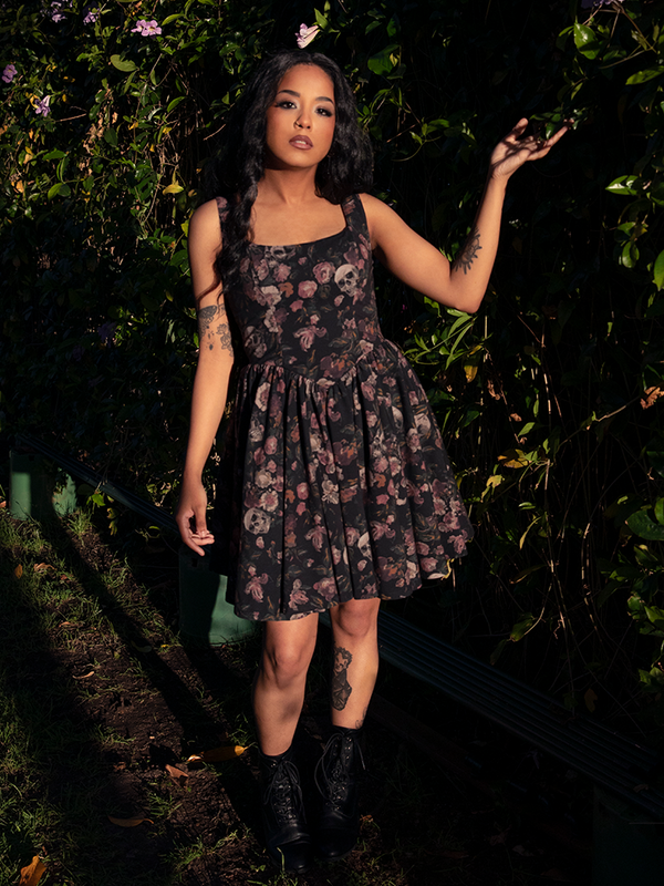 Perfect for candlelit dinners or midnight strolls, the Novella Mini Dress in Decayed Beauty Print balances flirty charm with gothic allure.