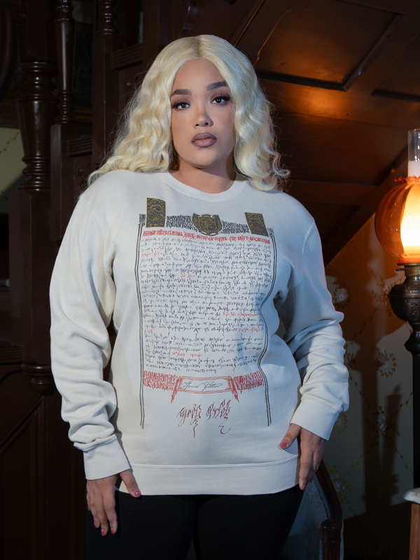 Sign your style into eternity with the Count Orlock Contract Sweatshirt in Bone, showcasing Nosferatu's eerie contract design on soft, bone-colored fabric.