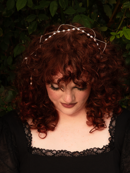 Tassel Chain Hair Net in Silver with Pearls