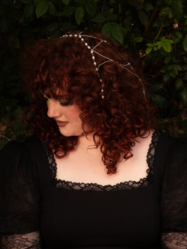 Liquid silver chains and soft pearls cascade like moonlit whispers, draping the hair in decadent elegance. Lightweight and fluid, designed for graceful wear; store flat to preserve shape.