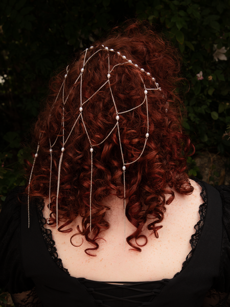 Tassel Chain Hair Net in Silver with Pearls