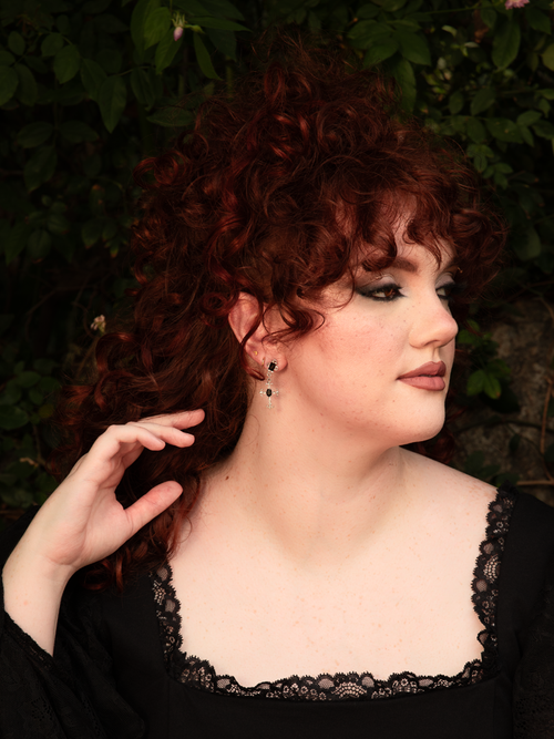 Black Crystal Cross Drop Earrings in Silver