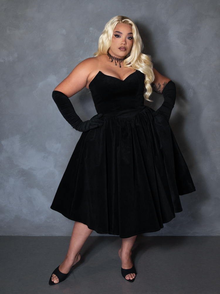 PRE-ORDER - Serpentine Swing Dress in Black with Matching Gloves