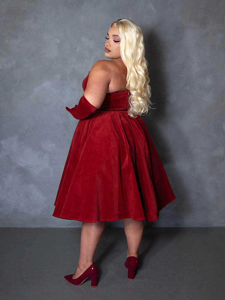 PRE-ORDER - Serpentine Swing Dress in Crimson with Matching Gloves