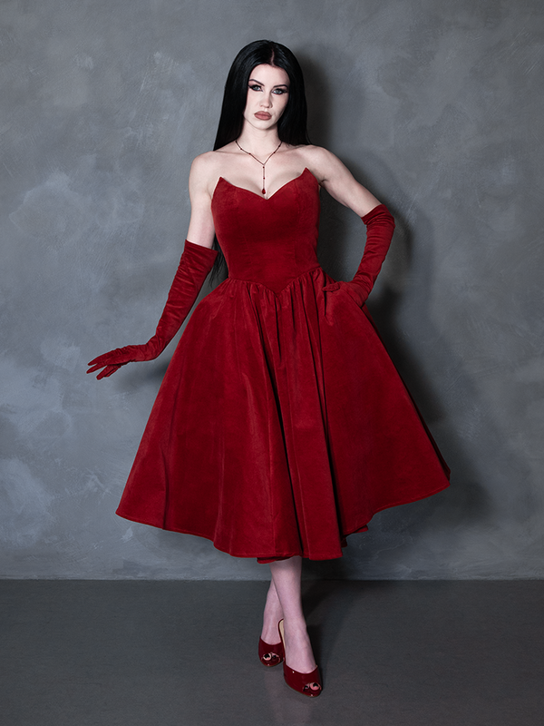 PRE-ORDER - Serpentine Swing Dress in Crimson with Matching Gloves