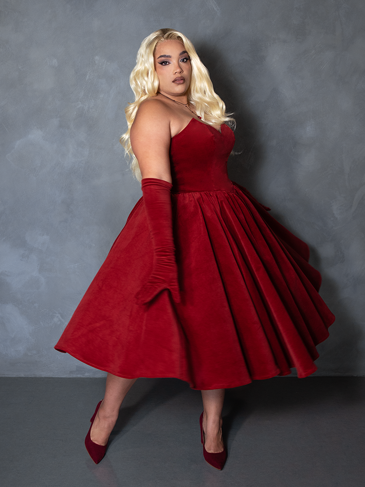 PRE-ORDER - Serpentine Swing Dress in Crimson with Matching Gloves