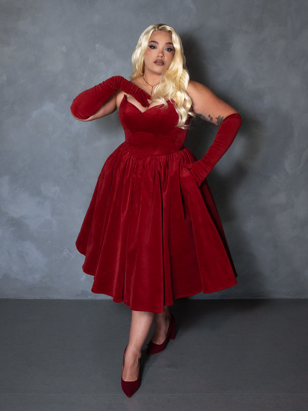 PRE-ORDER - Serpentine Swing Dress in Crimson with Matching Gloves