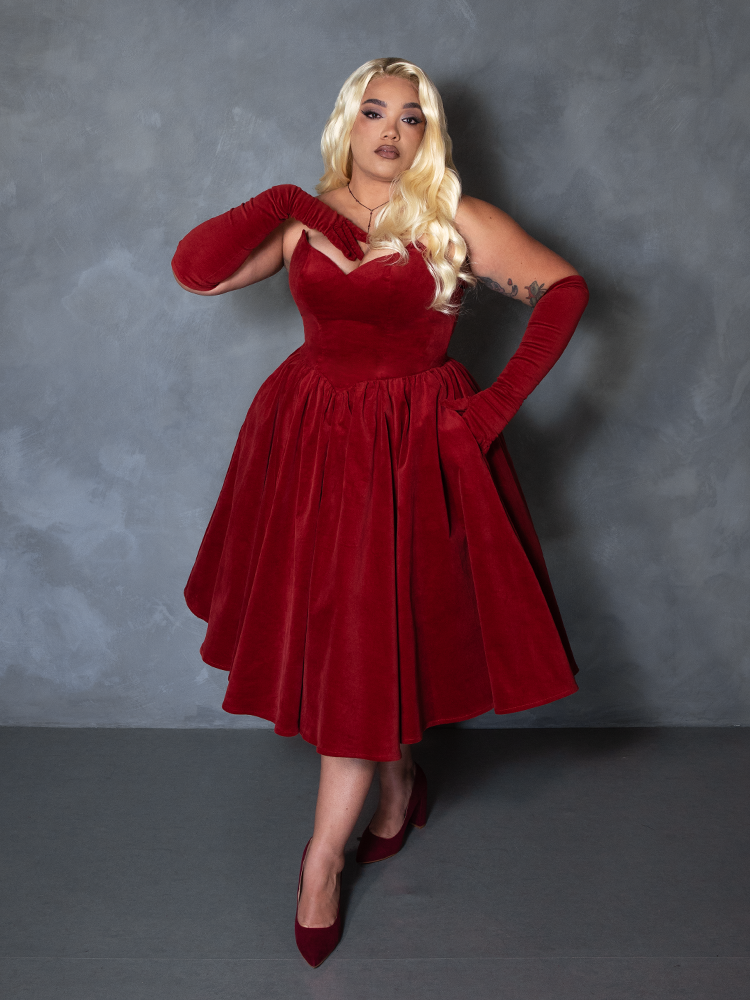 PRE-ORDER - Serpentine Swing Dress in Crimson with Matching Gloves