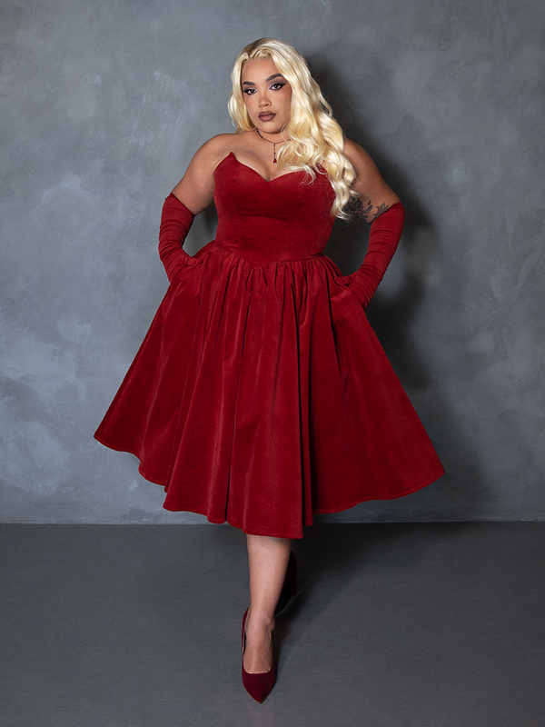 PRE-ORDER - Serpentine Swing Dress in Crimson with Matching Gloves