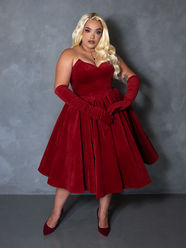 PRE-ORDER - Serpentine Swing Dress in Crimson with Matching Gloves