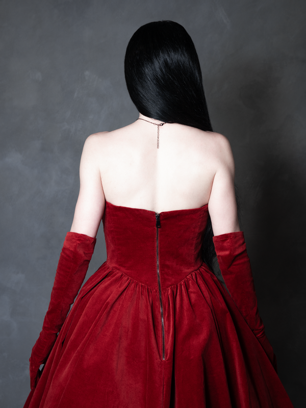 PRE-ORDER - Serpentine Swing Dress in Crimson with Matching Gloves