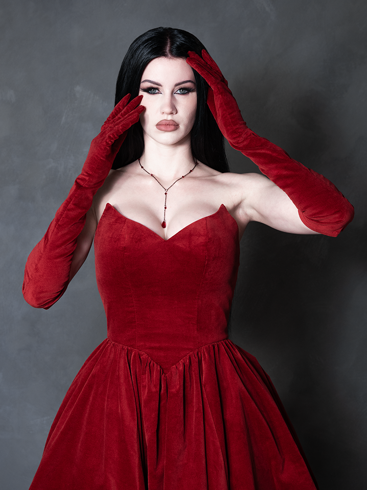 PRE-ORDER - Serpentine Swing Dress in Crimson with Matching Gloves