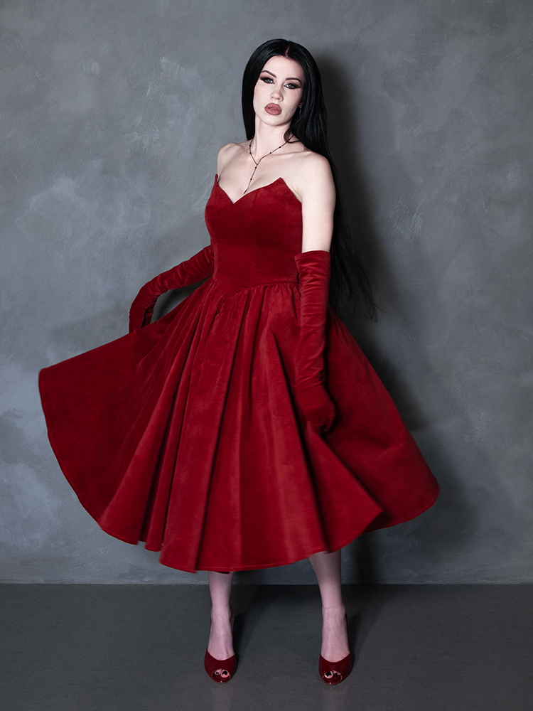 PRE-ORDER - Serpentine Swing Dress in Crimson with Matching Gloves