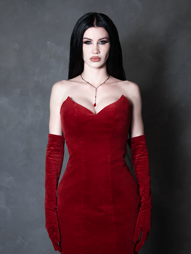 PRE-ORDER - Serpentine Wiggle Dress in Crimson with Matching Gloves