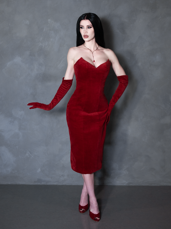 PRE-ORDER - Serpentine Wiggle Dress in Crimson with Matching Gloves