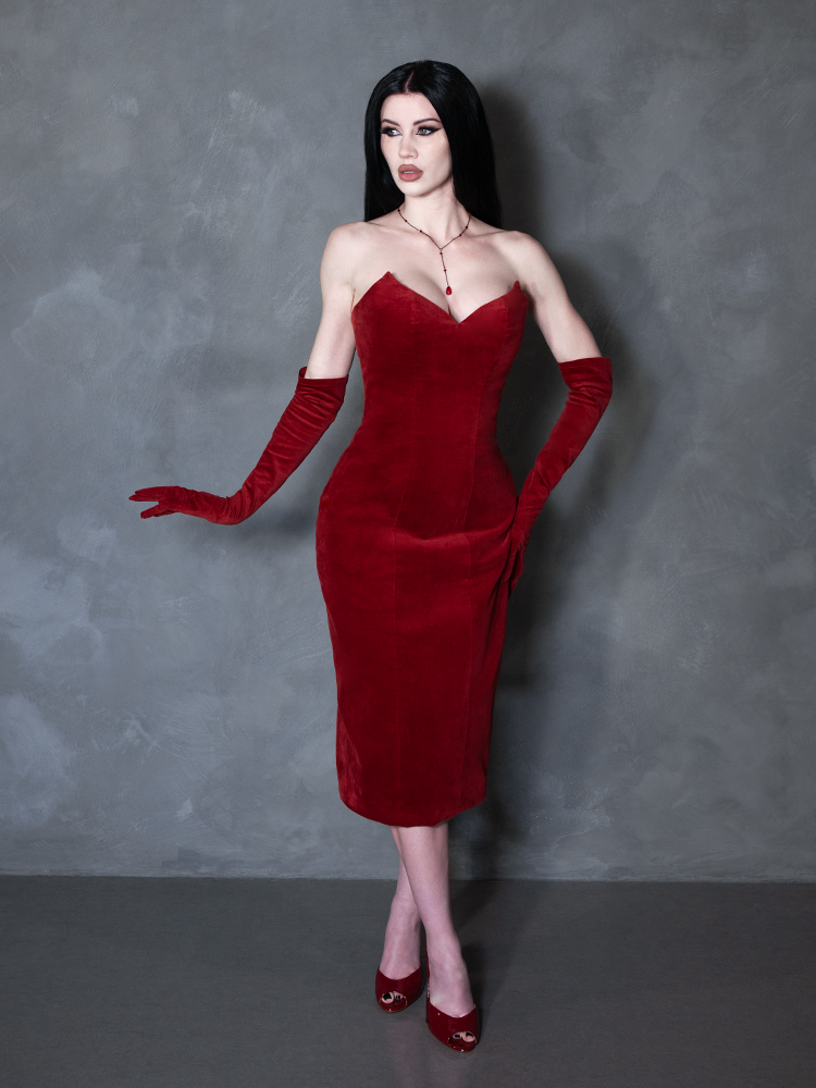 PRE-ORDER - Serpentine Wiggle Dress in Crimson with Matching Gloves