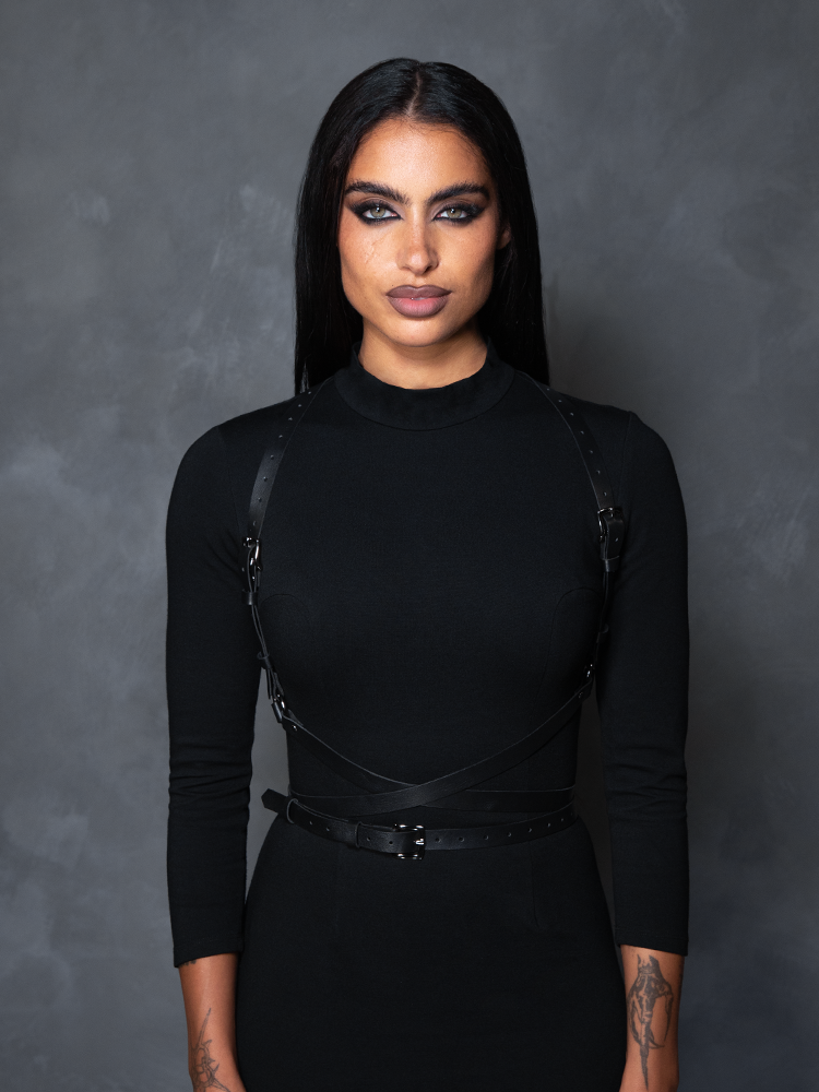 Female model adorned in the Diana Harness in Silver embodying romantic goth fashion and sophisticated dark romantic allure.