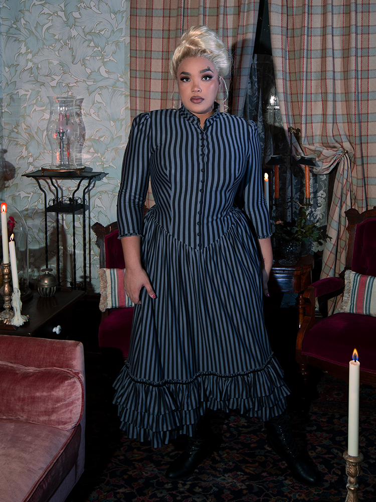Victorian Dress in Black and Gray Stripes S