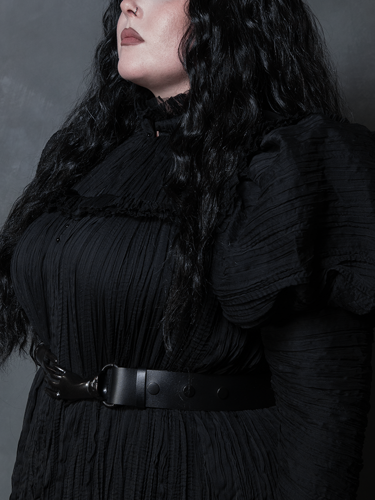 Gothic bridal or evening wear accessory: the matte black Victorian hands belt for a sophisticated silhouette.