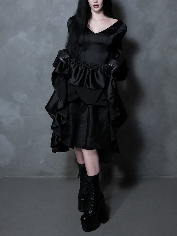Dark Romance Satin Bustle Dress in Black XS / Black