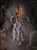 Back of the Sleepy Hollow Gothic Tales Toile Swing Dress in Grey from La Femme en Noir.