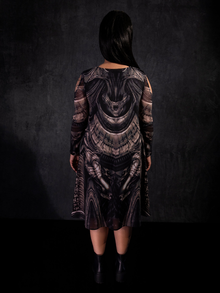 The back of the Alien™ Xenomorph Trapeze Dress worn by Jyoti Kaur.