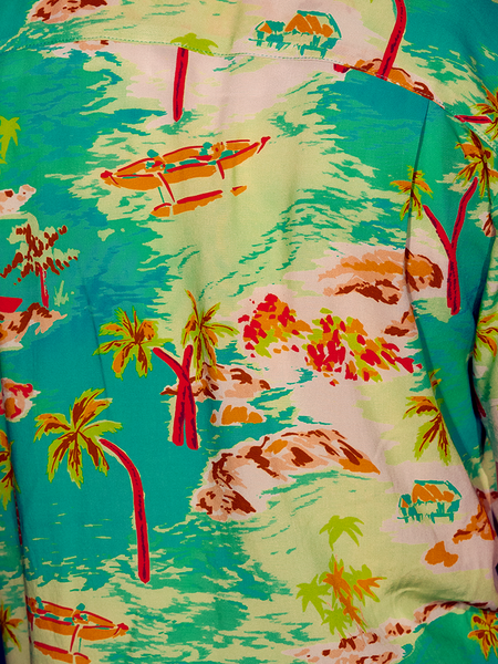 Close up of the print on the ALIEN Space Souvenir Button Up Shirt fabric.