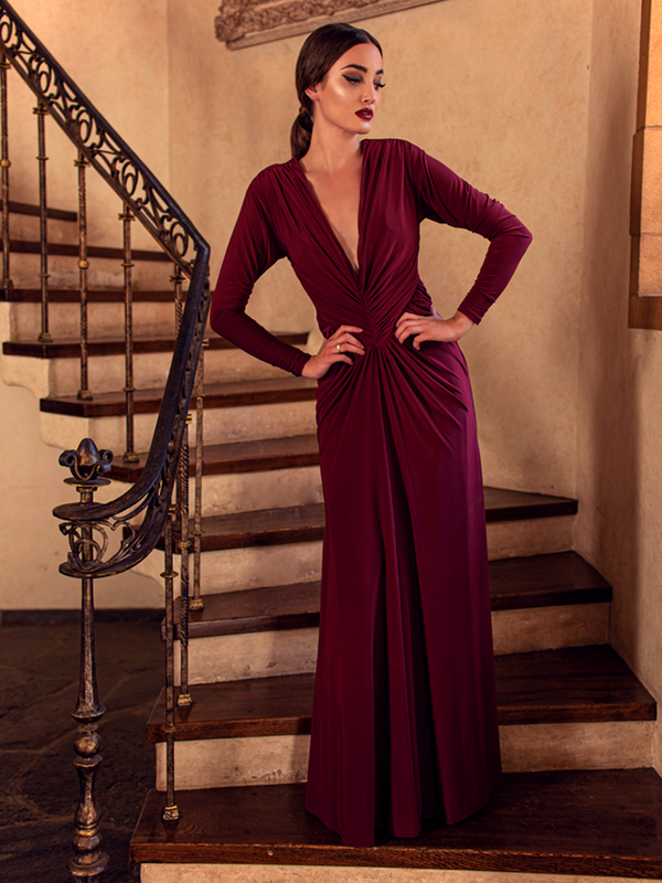 Art Deco Ruched Gown in Crimson