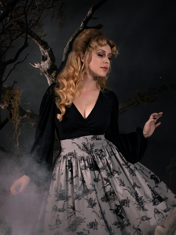 Bishop Blouse in Black worn by Linda in a spooky graveyard.