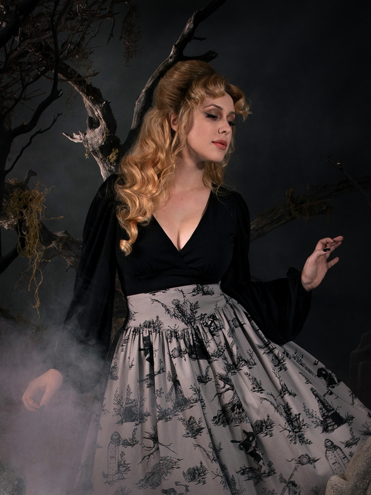 Bishop Blouse in Black worn by Linda in a spooky graveyard.