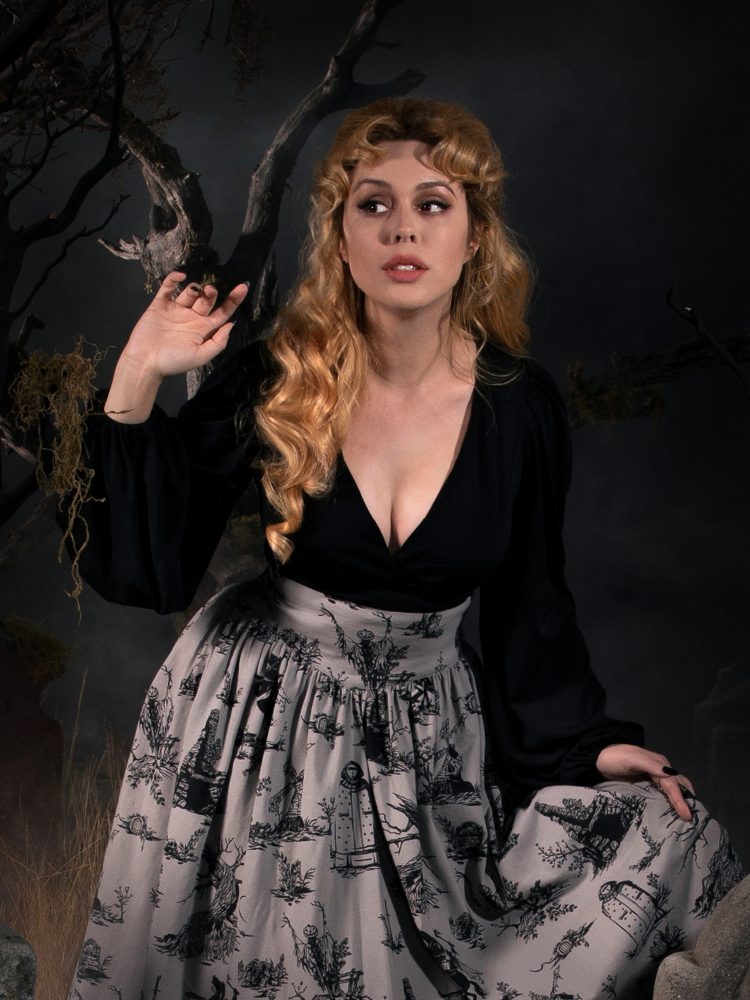 Linda in the Bishop Blouse in Black and grey Sleepy Hollow skirt. 