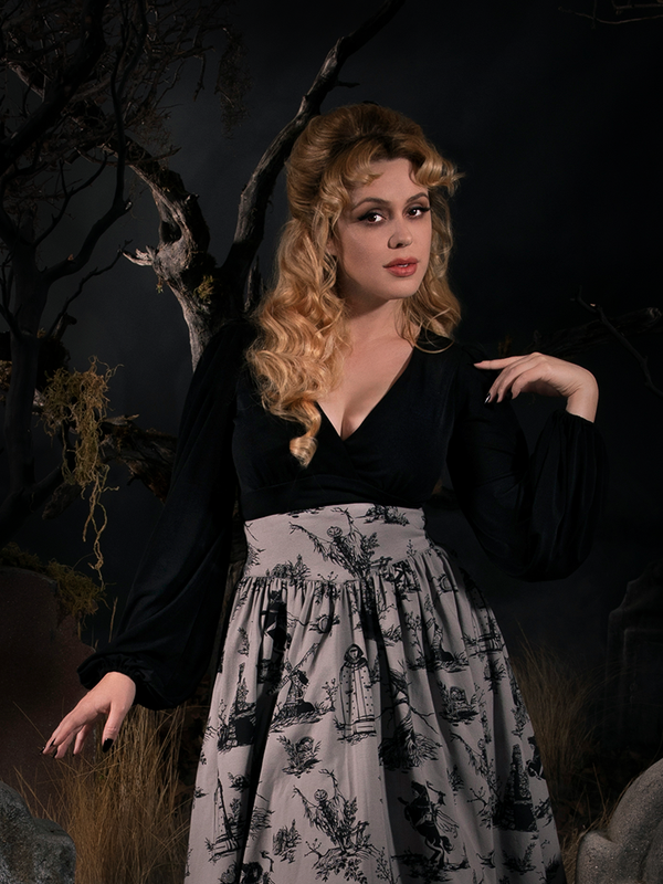 Linda in the Bishop Blouse in Black photographed in a spooky graveyard.