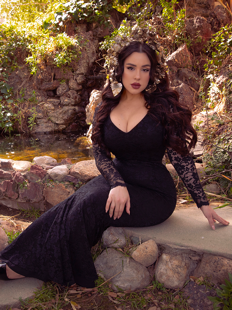 Rachel Sedory wearing the Black Marilyn Lace Gown in Black.