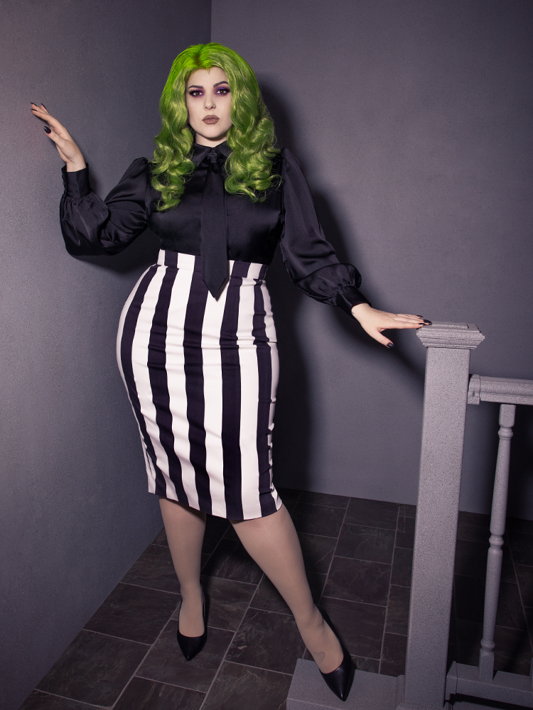 The Bowie Blouse w/Matching Tie in Black Charmeuse being worn by a female model.