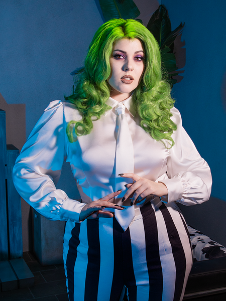 Close up shot of the Bowie Blouse w/Matching Tie in White Charmeuse being worn by female model with green hair.