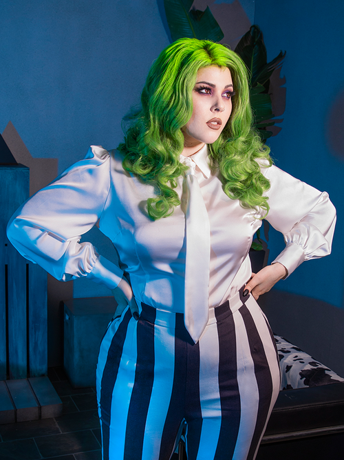 Green haired female model wearing the Bowie Blouse w/Matching Tie in White Charmeuse.