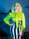 The Bowie Blouse w/Matching Tie in Lime Charmeuse from goth glamour clothing brand La Femme en Noir - modeled by Micheline Pitt. 
