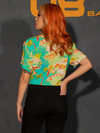 The ALIEN Space Souvenir Button Up Shirt shot from the back being worn by female model along with black jeans.