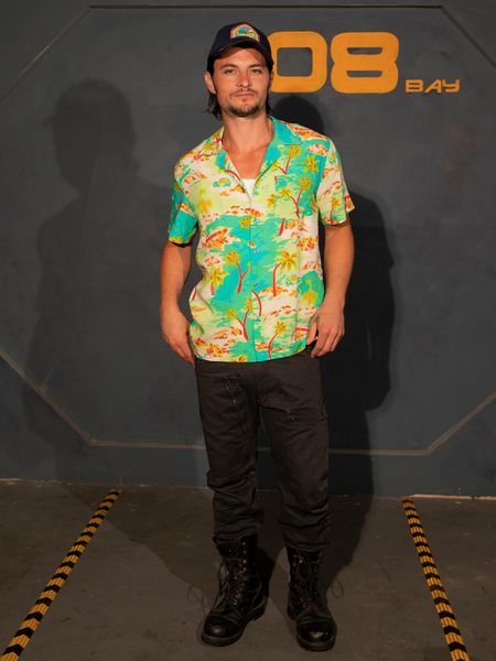 Full length shot of Shiloh wearing a near picture perfect replica outfit from the sci-fi classic movie Aliens, highlighted by the ALIEN Space Souvenir Button Up Shirt.