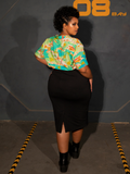 Shot of the back of the ALIEN Space Souvenir Button Up Shirt being worn by female plus size model.
