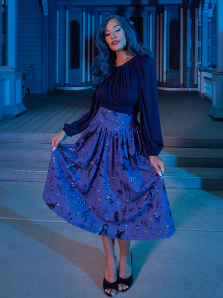 Vanessa poses while in the Tim Burton's CORPSE BRIDE™ Gothic Tales Skirt in Beyond the Veil Print.