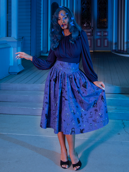 Vanessa models a goth inspired outfit from La Femme en Noir highlighted by the Tim Burton's CORPSE BRIDE™ Gothic Tales Skirt in Beyond the Veil Print.