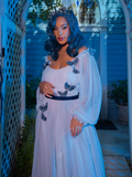 Close up shot of Vanessa wearing Tim Burton's CORPSE BRIDE™ Emily Butterfly Gown in Celestial Blue. 