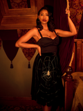 Full length image of Chelsea Crutcher in the gothic glamour inspired Eris Top in Black.
