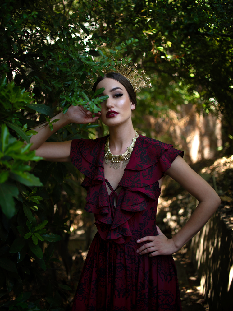 Mythical Goddess Gown in Oxblood Gorgon Print | Goth Dresses – La Femme ...