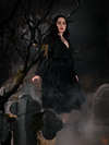 Side shot of Rachel twirling in the Sleepy Hollow Gothic Tales Velour Skirt in Black.