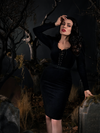 Micheline wearing the Sleepy Hollow Gothic Tales Velour Wiggle Dress in Black from La Femme en Noir.