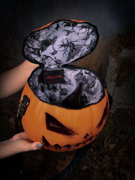 The inside of the Sleepy Hollow Pumpkin Bag displayed.