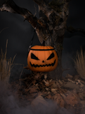 Sleepy Hollow Pumpkin Bag hanging from a spooky tree.